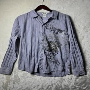 Indie Sleaze Vintage 90s Pop Icon Textured Graphic Button Up Shirt Men's XL Gray